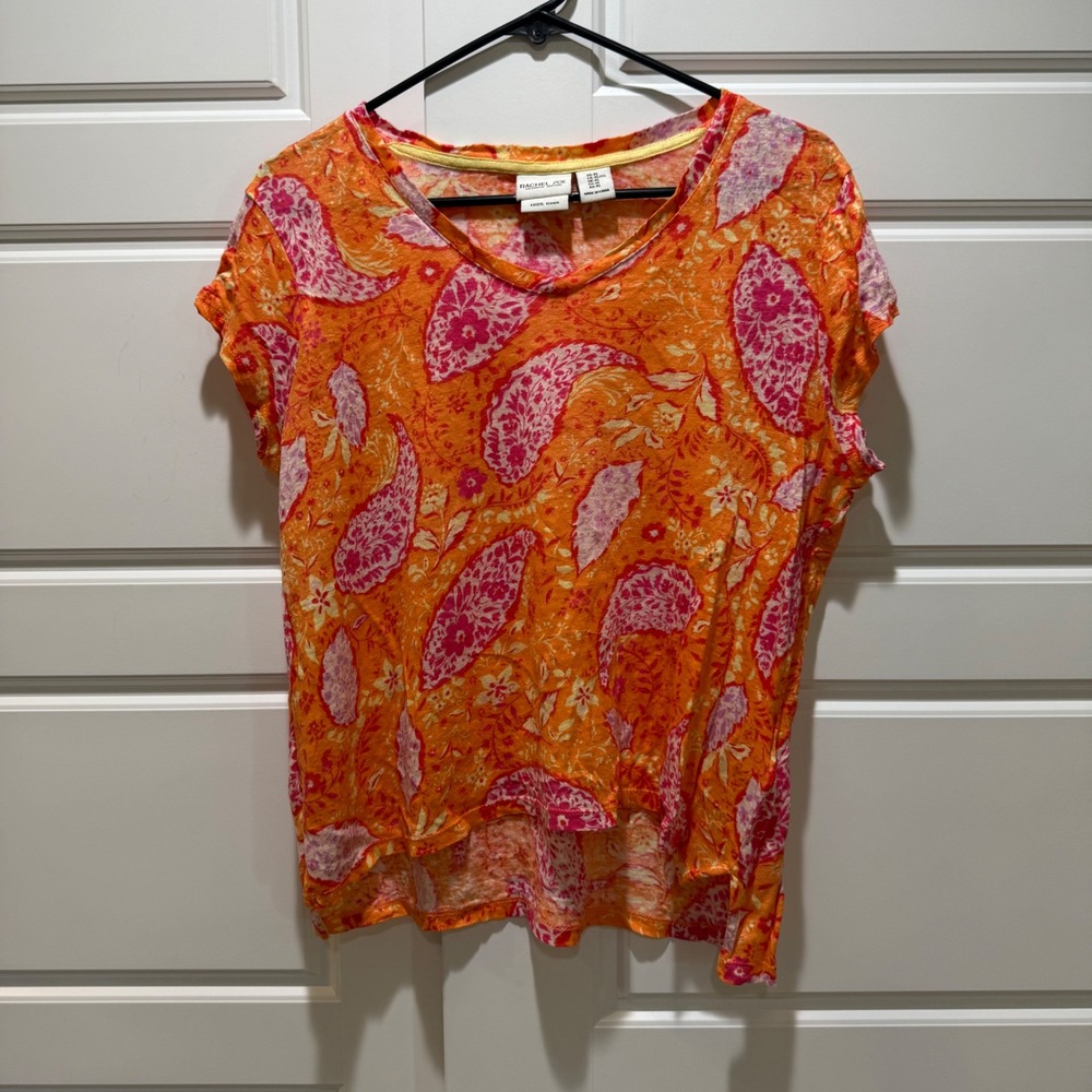 Rachel Zoe Linen‎ Paisley V-Neck Top Blouse Orange Pink Bohemian XL